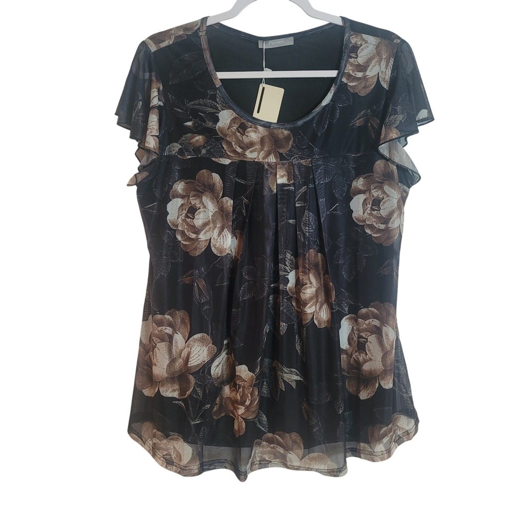 Furnex Womens Black Dark Floral Mesh Flutter Sleeve Pleated Front Top NWT Size L